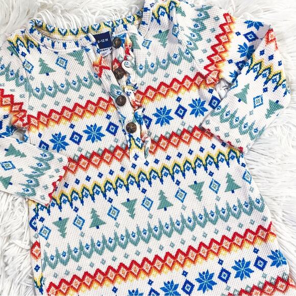 OLD NAVY • Winter Fair Isle Thermal Waffle Knit Ruffle Trim Romper Sleeper - Picture 1 of 5